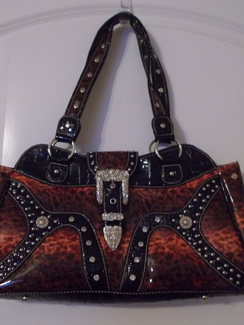 HANDBAG, LARGE PATENT LEATHER, LEOPARD PATTERN RUST COLORED, LOADED WITH BLING!